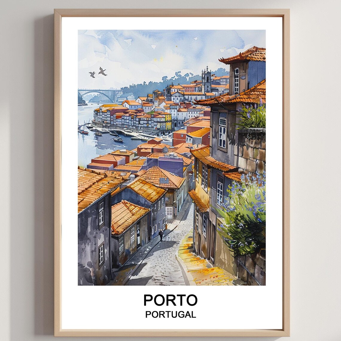 Porto Portugal Riverside Terracotta Rooftops Watercolor Art Poster