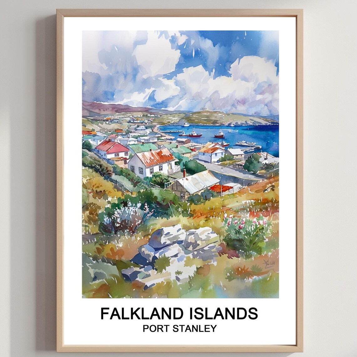 Port Stanley Falkland Islands Watercolor Harbor Travel View Poster