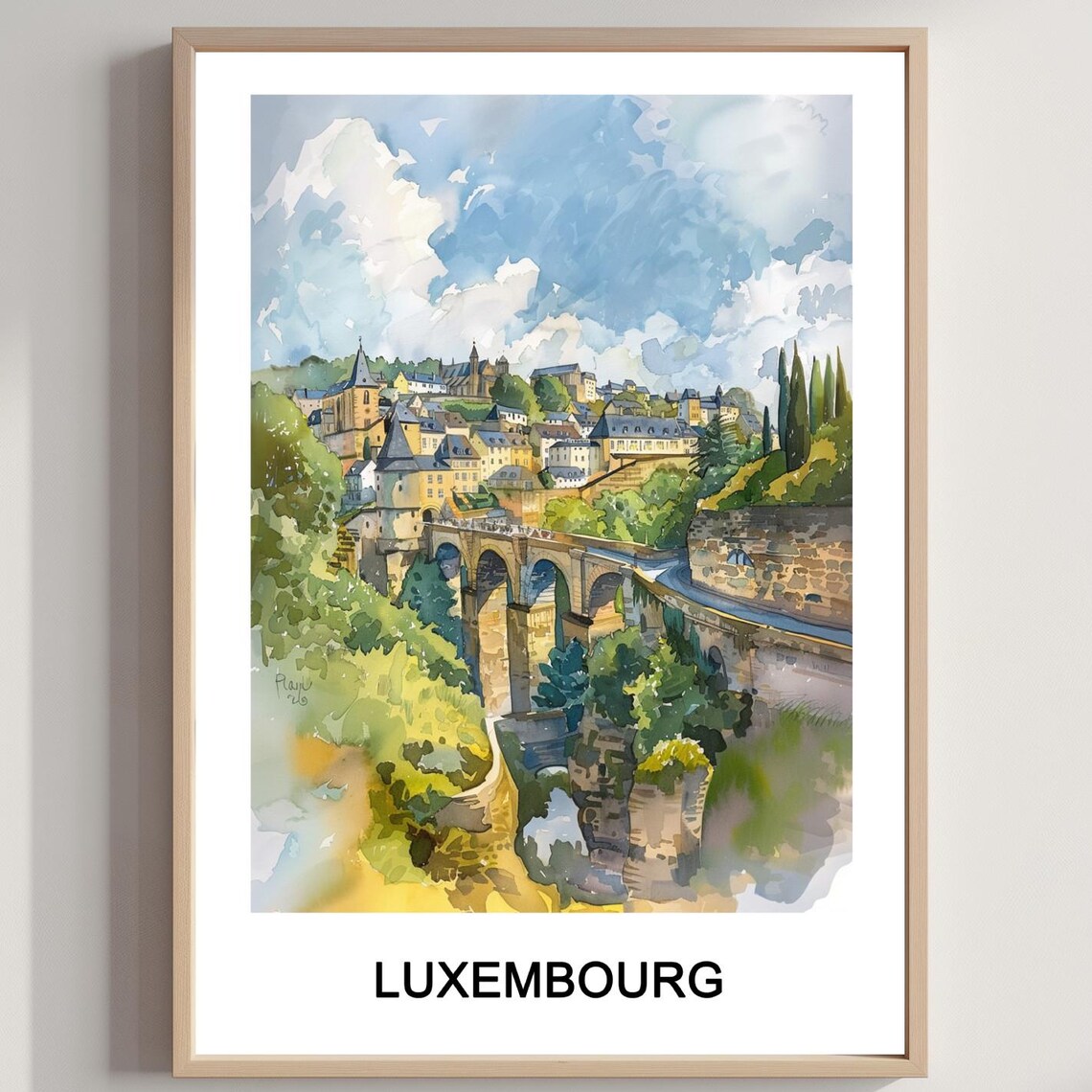 Luxembourg City Old Town Bridge Watercolor Europe Travel Poster
