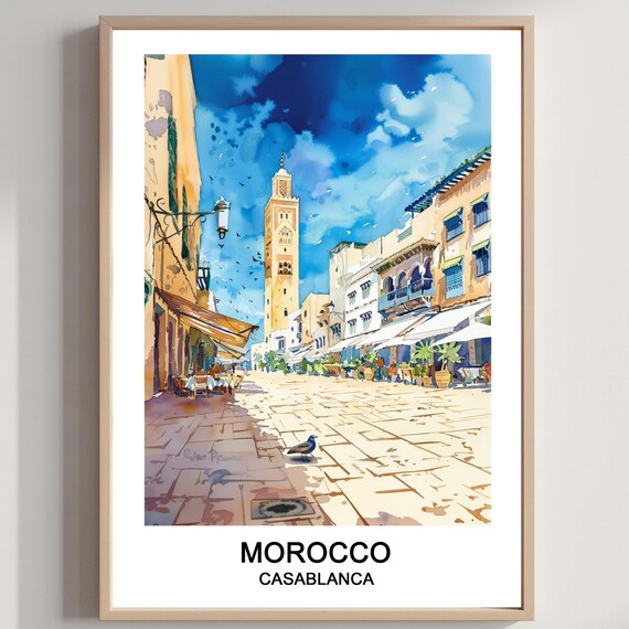 Casablanca Morocco Watercolor Poster Historic Square Minaret Travel Art