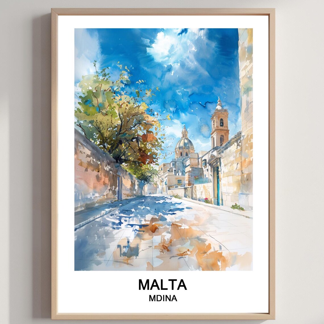 Mdina Malta Silent City Cathedral Street Watercolor Travel Poster
