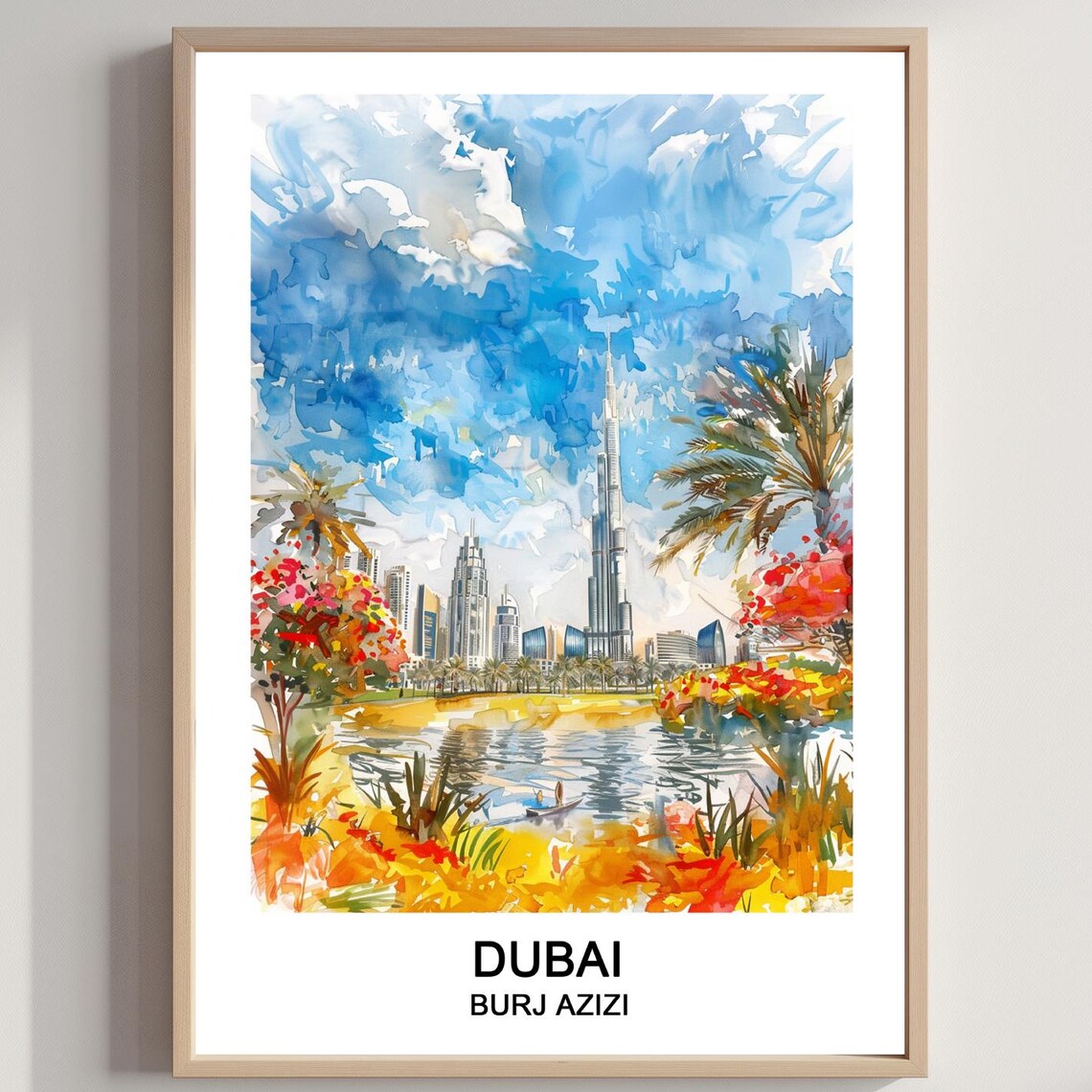 Dubai Burj Azizi Watercolor Skyline UAE Landmark Travel Poster