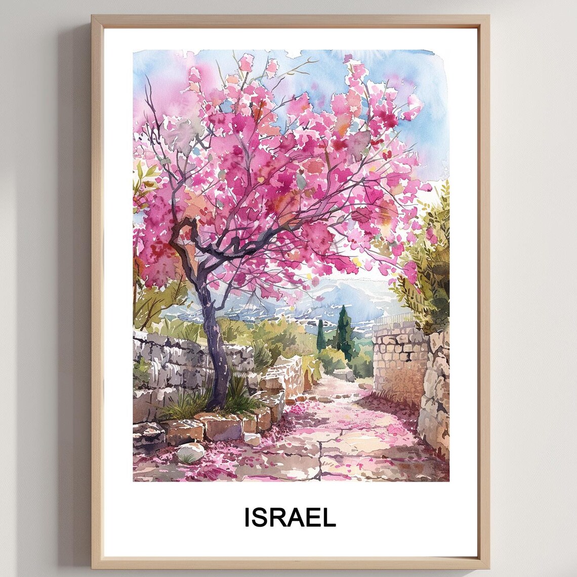 Israel Pink Blossom Tree Watercolor Stone Path Spring Travel Poster