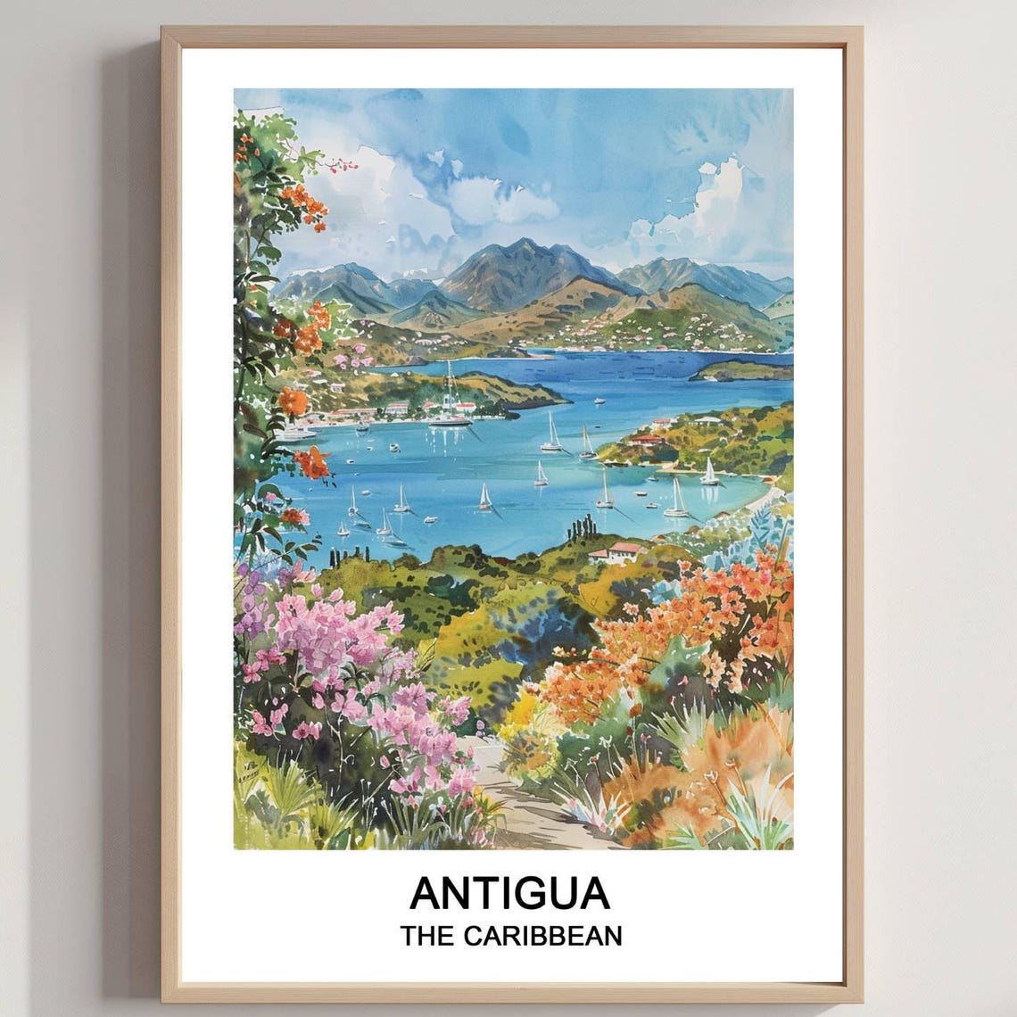 Antigua Caribbean Sailboat Harbor Tropical Watercolor Travel Poster