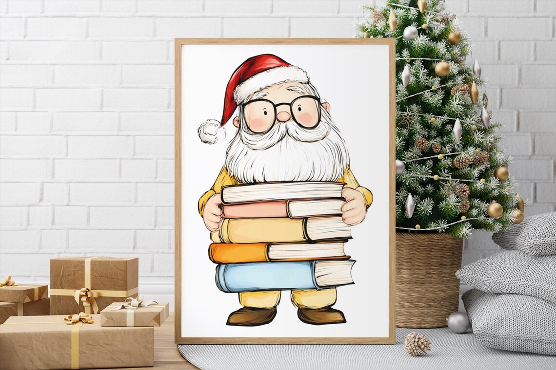 Cute Santa Claus Holding Stack Of Colorful Books Kids Poster