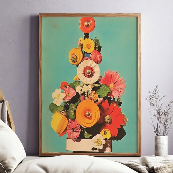 Retro Flower Collage Pop Art Print Vintage Inspired Floral Poster Bold Colorful Mid Century Wall Art