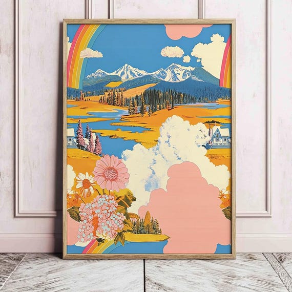 Retro Utopian Mountain Landscape Print 70s Psychedelic Countryside Poster Vintage Inspired Groovy Wall Art
