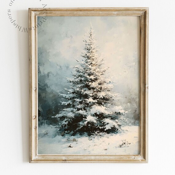 Winter Pine Tree Print Vintage Wall Art Moody Christmas Decor Snowy Landscape Art Forest Painting Holiday Art