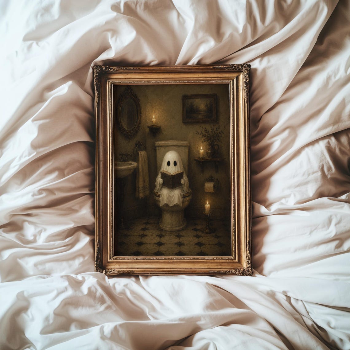 Ghost On Toilet Wall Art Funny Bathroom Decor Vintage Halloween Print Cute Spooky Above Artwork - Image 2