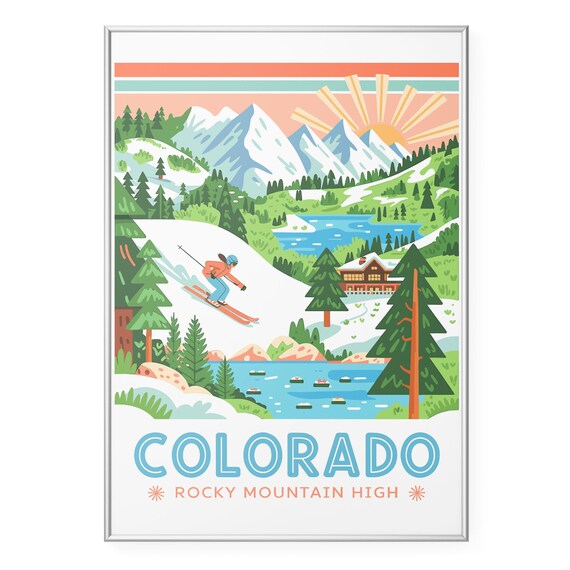Colorado Rocky Mountain High Retro Ski Illustration Travel Poster