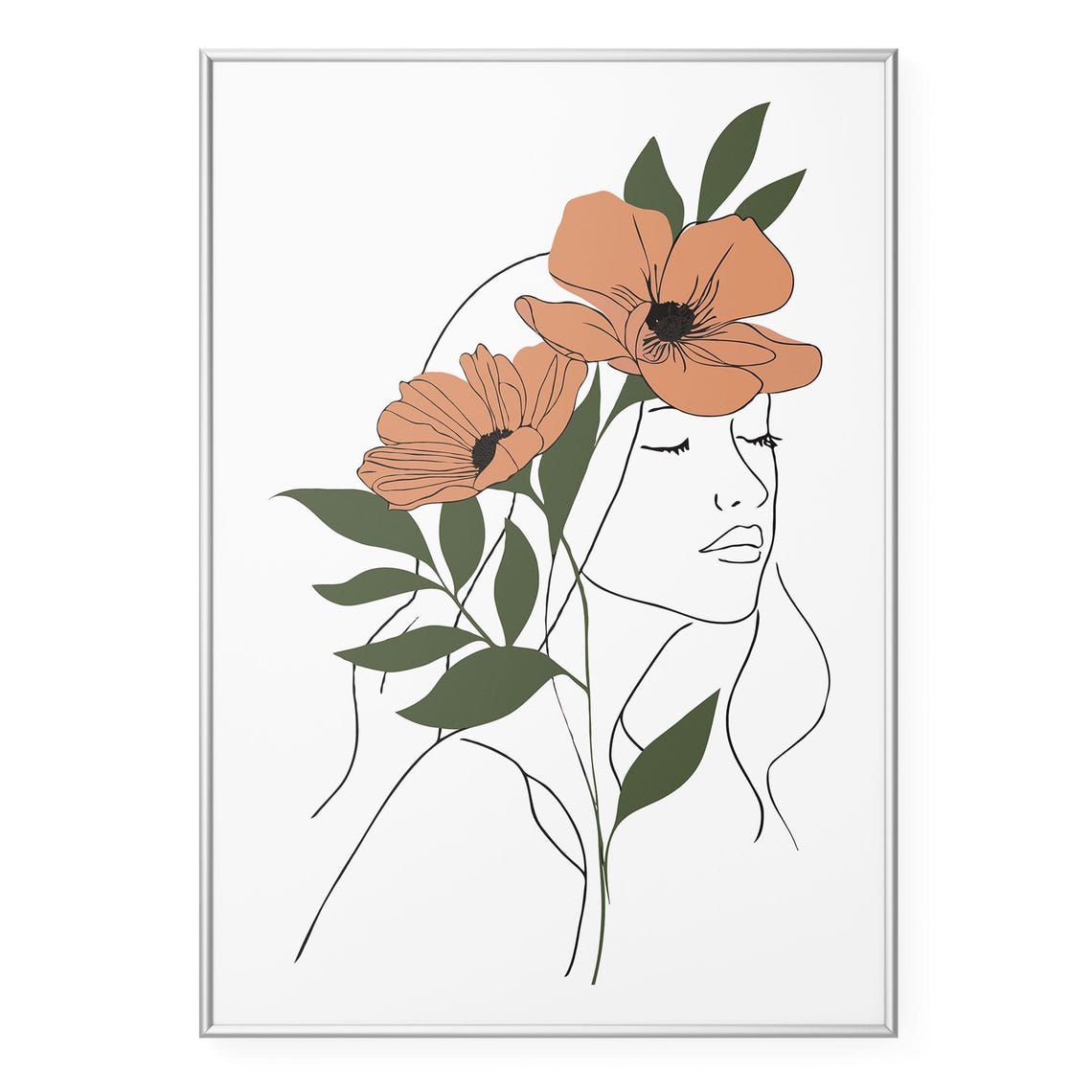 Boho Line Art Woman Profile Orange Poppies Botanical Print Art