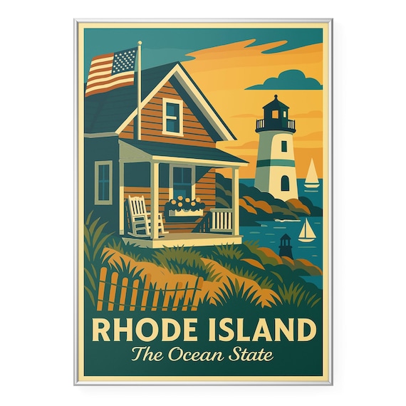 Rhode Island The Ocean State Vintage Retro Lighthouse Travel Poster