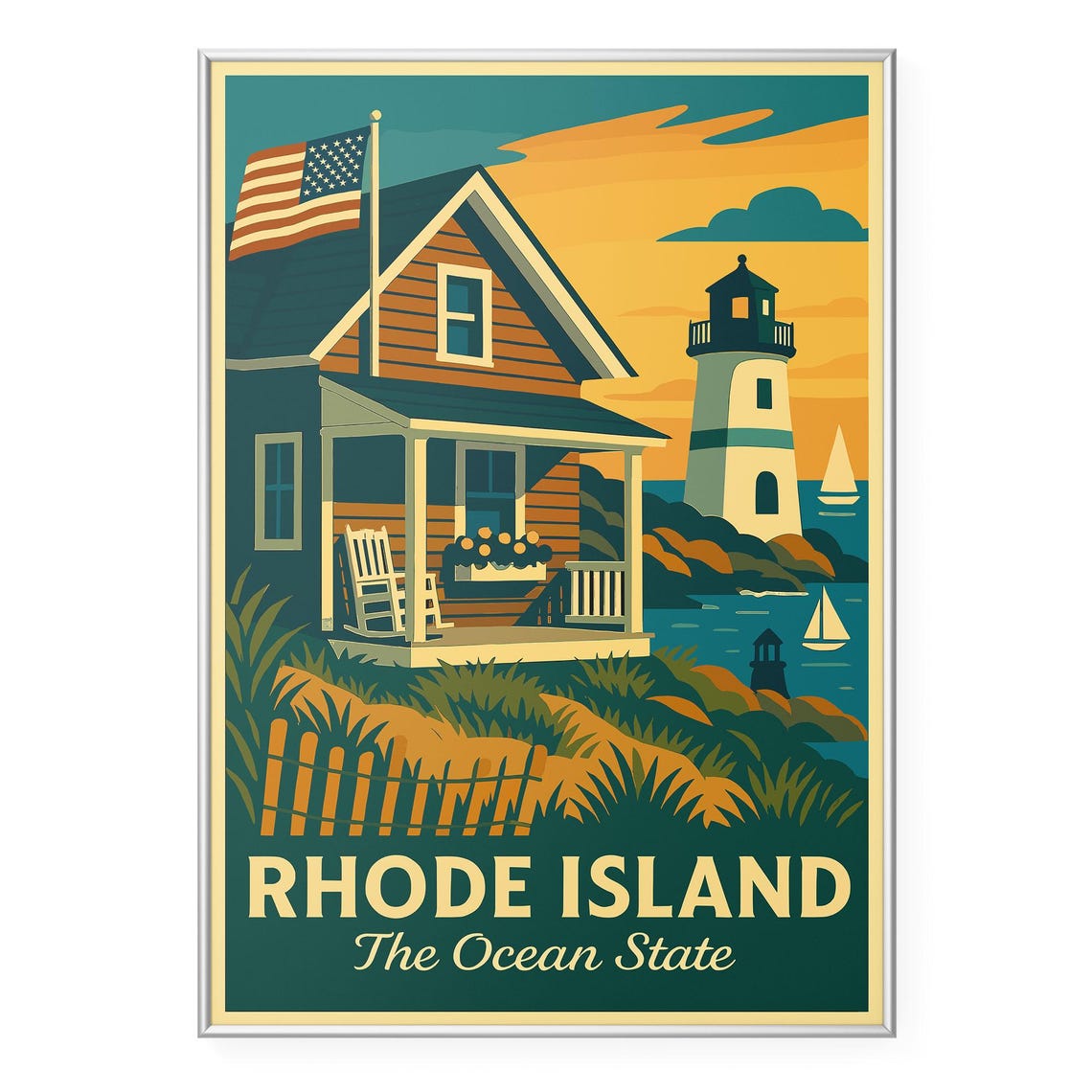 Rhode Island The Ocean State Vintage Retro Lighthouse Travel Poster