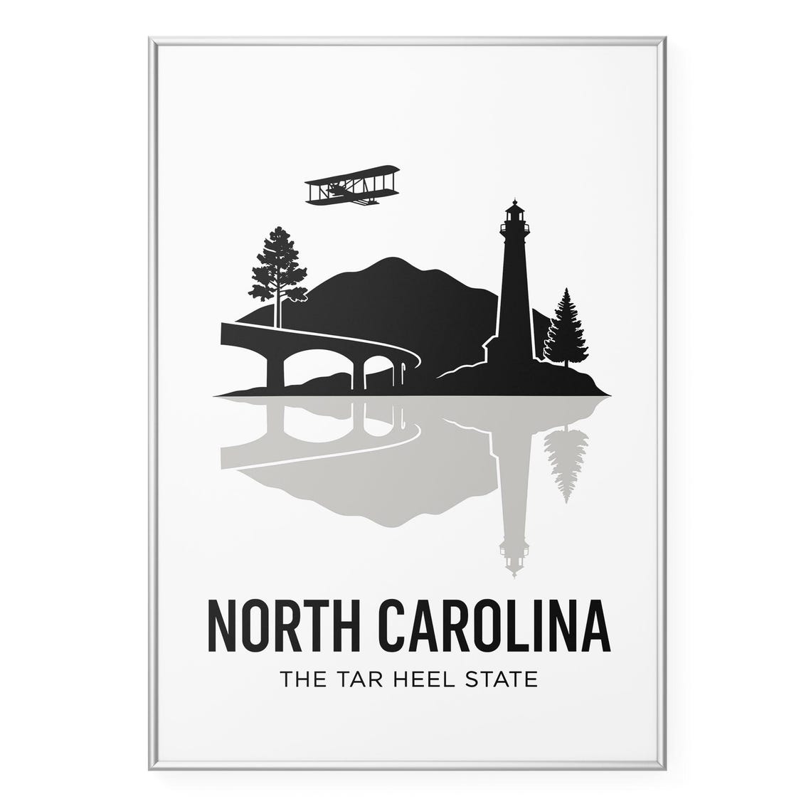 North Carolina Tar Heel State Biplane Lighthouse Silhouette Poster