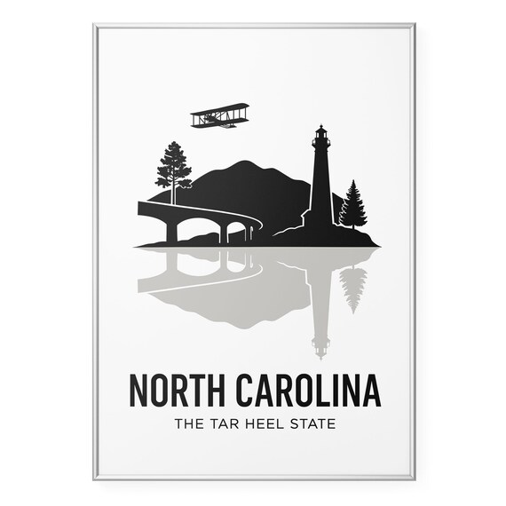 North Carolina Tar Heel State Biplane Lighthouse Silhouette Poster