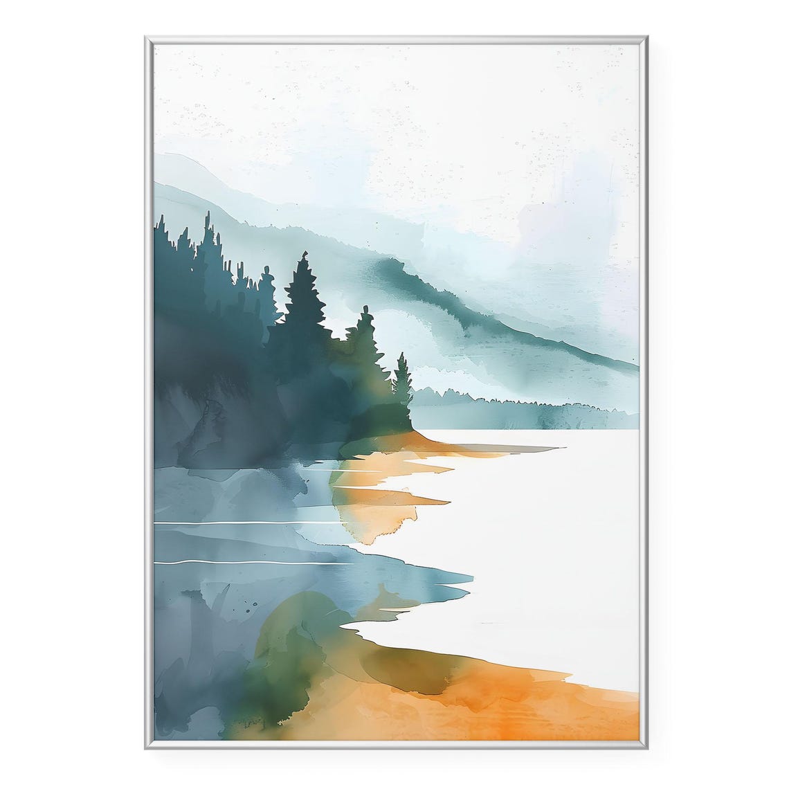 Misty Pine Forest Mountain Lake Minimalist Watercolor Wall Art