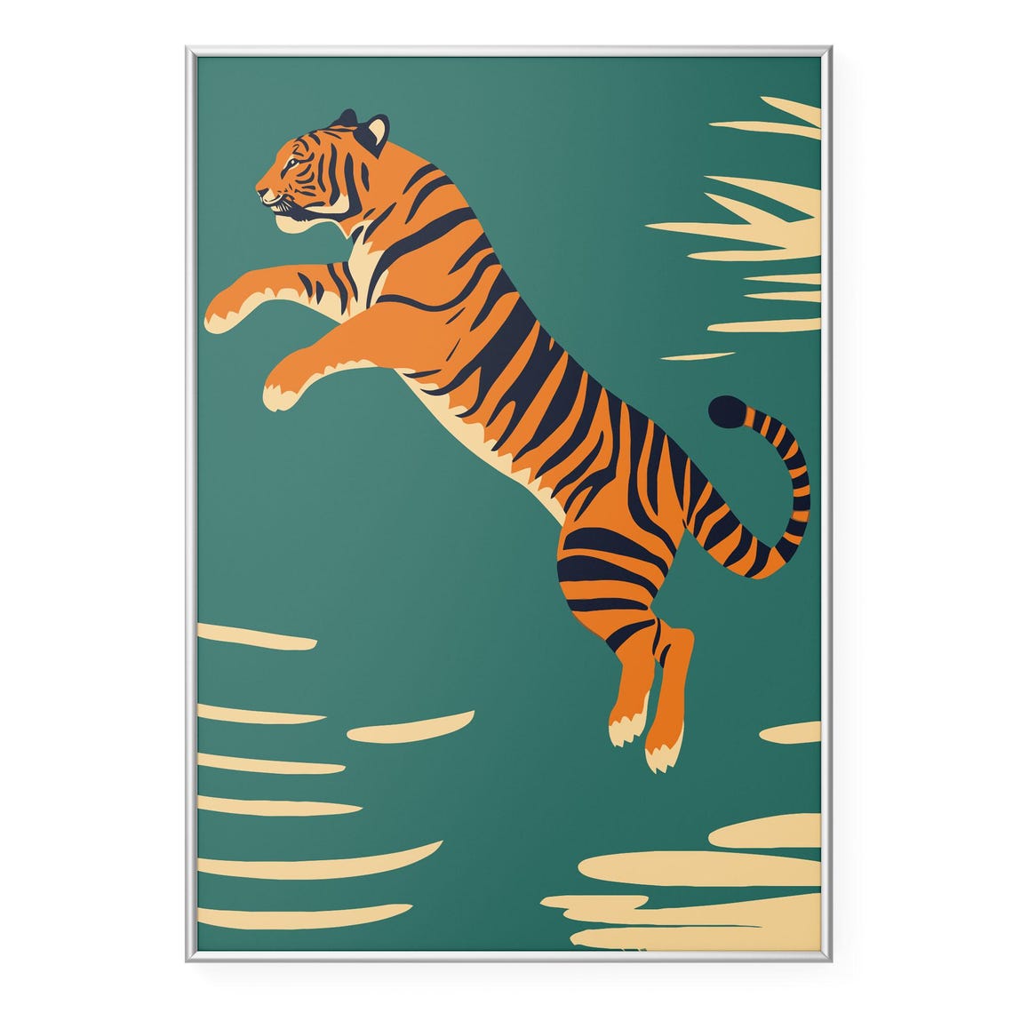 Leaping Tiger Graphic Illustration Orange Teal Jungle Poster