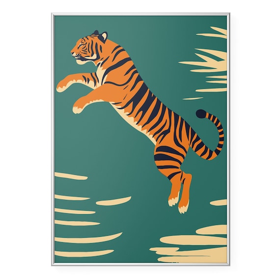 Leaping Tiger Wall Art Print Bold Safari Animal Poster Jungle Big Cat Illustration Dynamic Wildlife Artwork Lover Home Decor