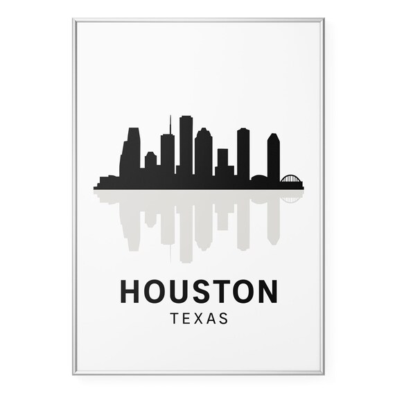 Houston Texas Black White Skyline Reflection Silhouette Travel Poster