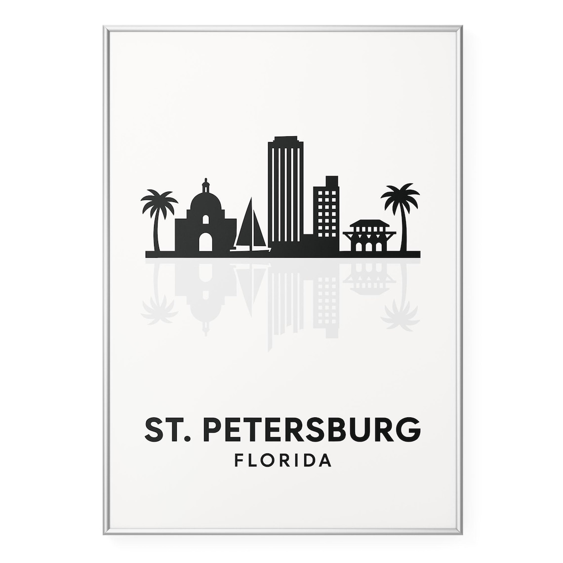 St. Petersburg Florida Skyline Silhouette Poster with Palms and Sailboat