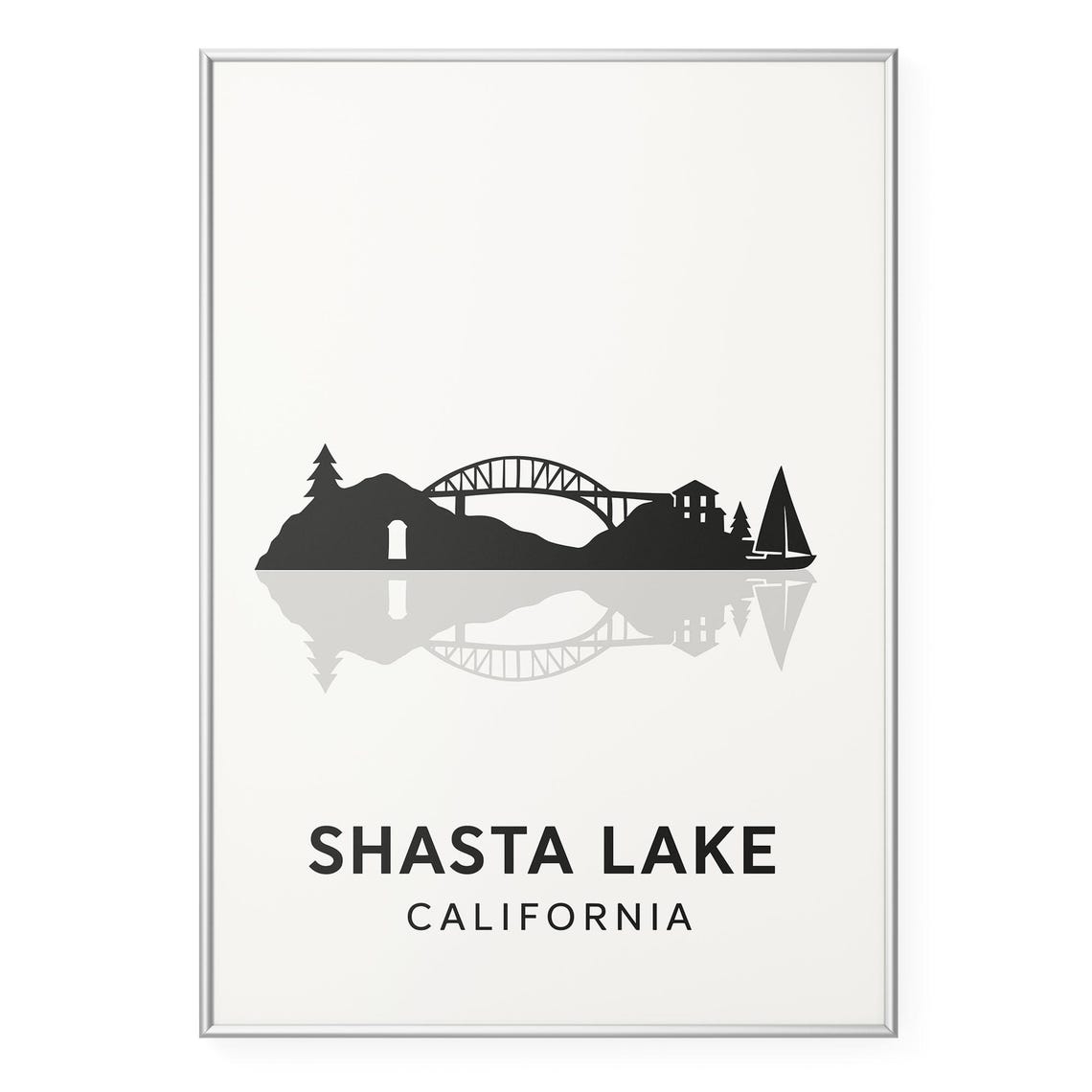 Shasta Lake California Bridge Sailboat Silhouette Travel Poster