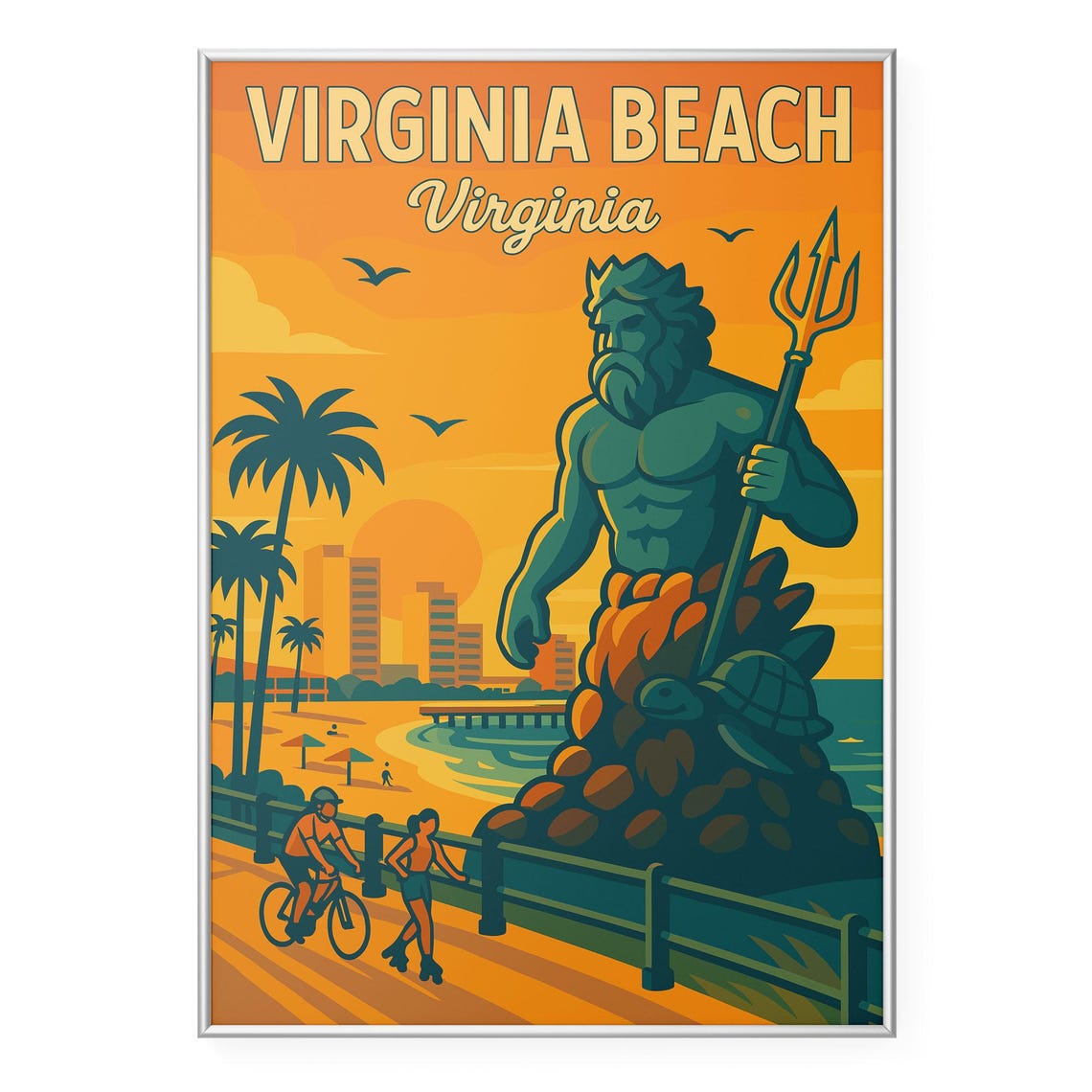Virginia Beach Virginia Neptune Statue Boardwalk Sunset Travel Poster