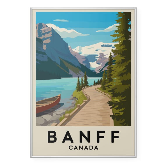 Banff Canada Travel Poster Print Vintage Mountain Lake Wall Art Retro Canadian Rockies Canoe Nature Wanderlust Home Decor