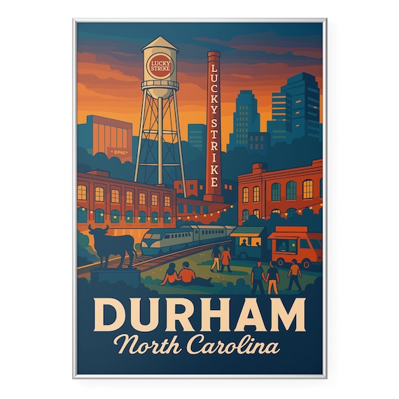 Durham North Carolina Lucky Strike Tower Bull Sunset Downtown Travel Poster