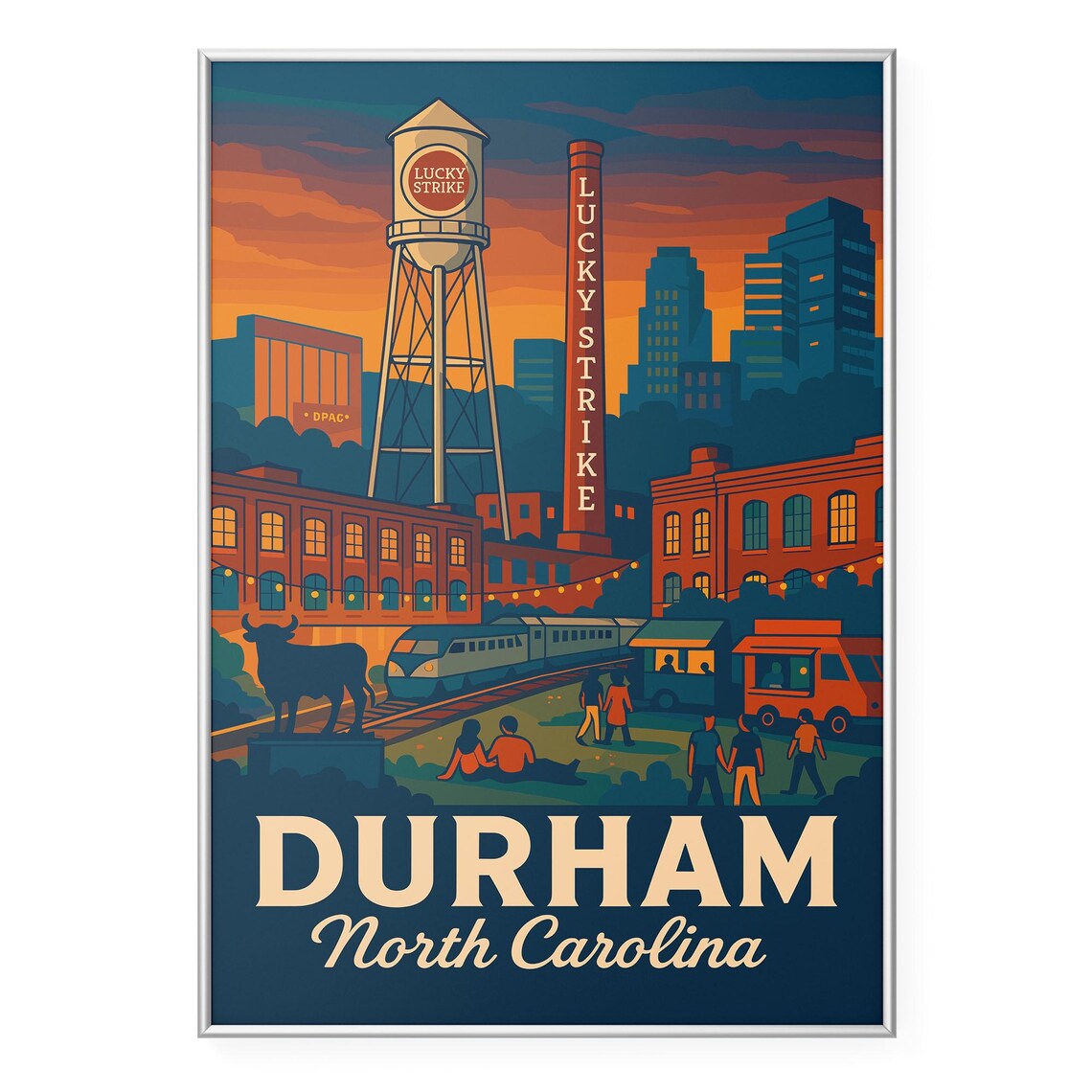 Durham North Carolina Lucky Strike Tower Bull Sunset Downtown Travel Poster