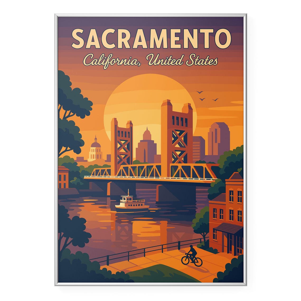 Sacramento California Tower Bridge Sunset Retro Travel Poster