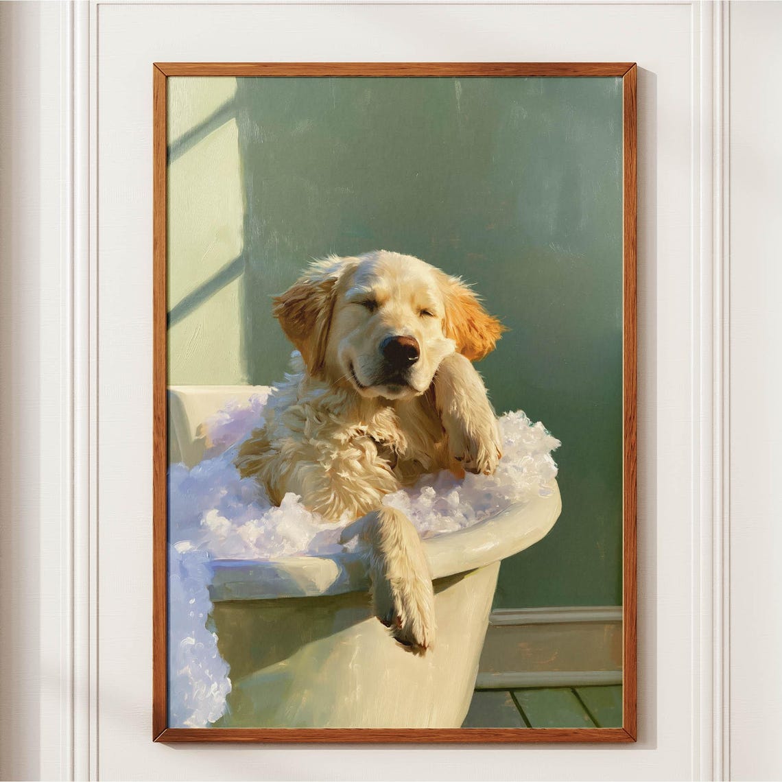 Cute Golden Retriever Bubble Bath Funny Dog Oil Painting Poster