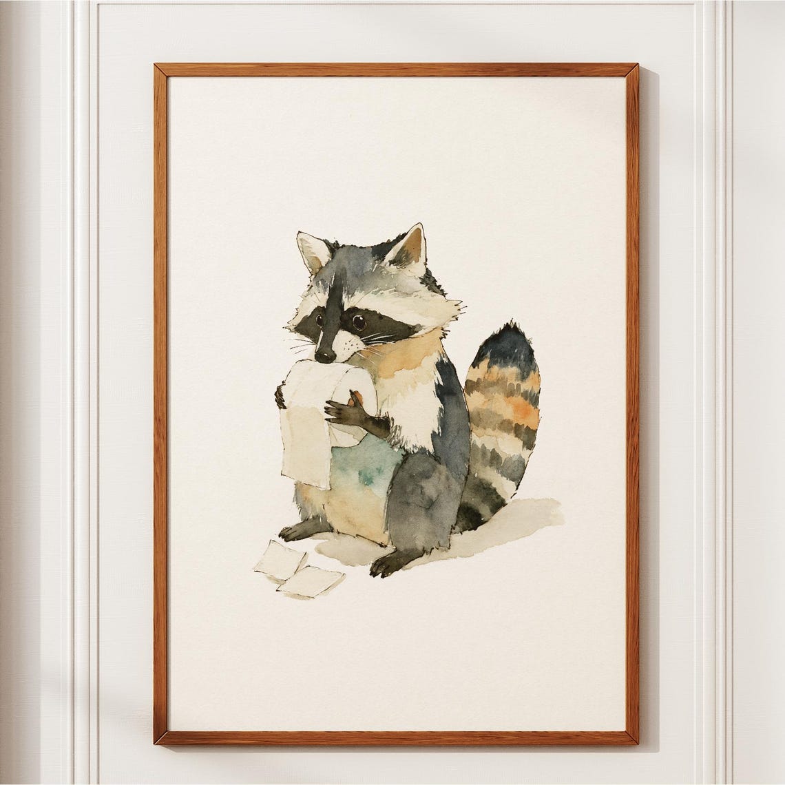 Funny Raccoon Bathroom Watercolor Toilet Paper Quirky Poster