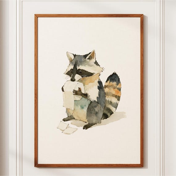 Funny Raccoon Bathroom Wall Art Watercolor Toilet Paper Print Humor Quirky Vintage Animal Poster Housewarming Gift