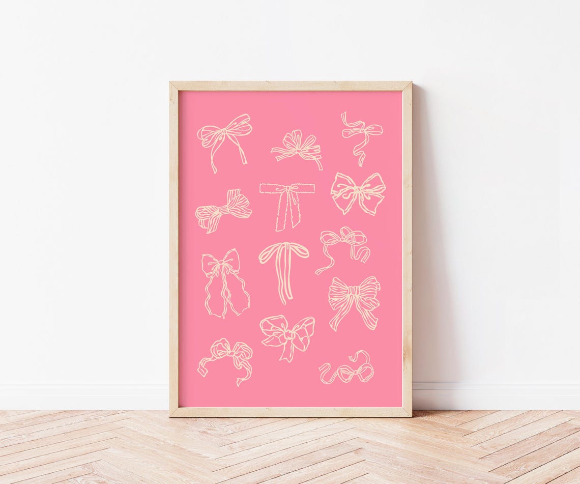 Pink Coquette Bows Hand Drawn White Line Trendy Bedroom Wall Poster
