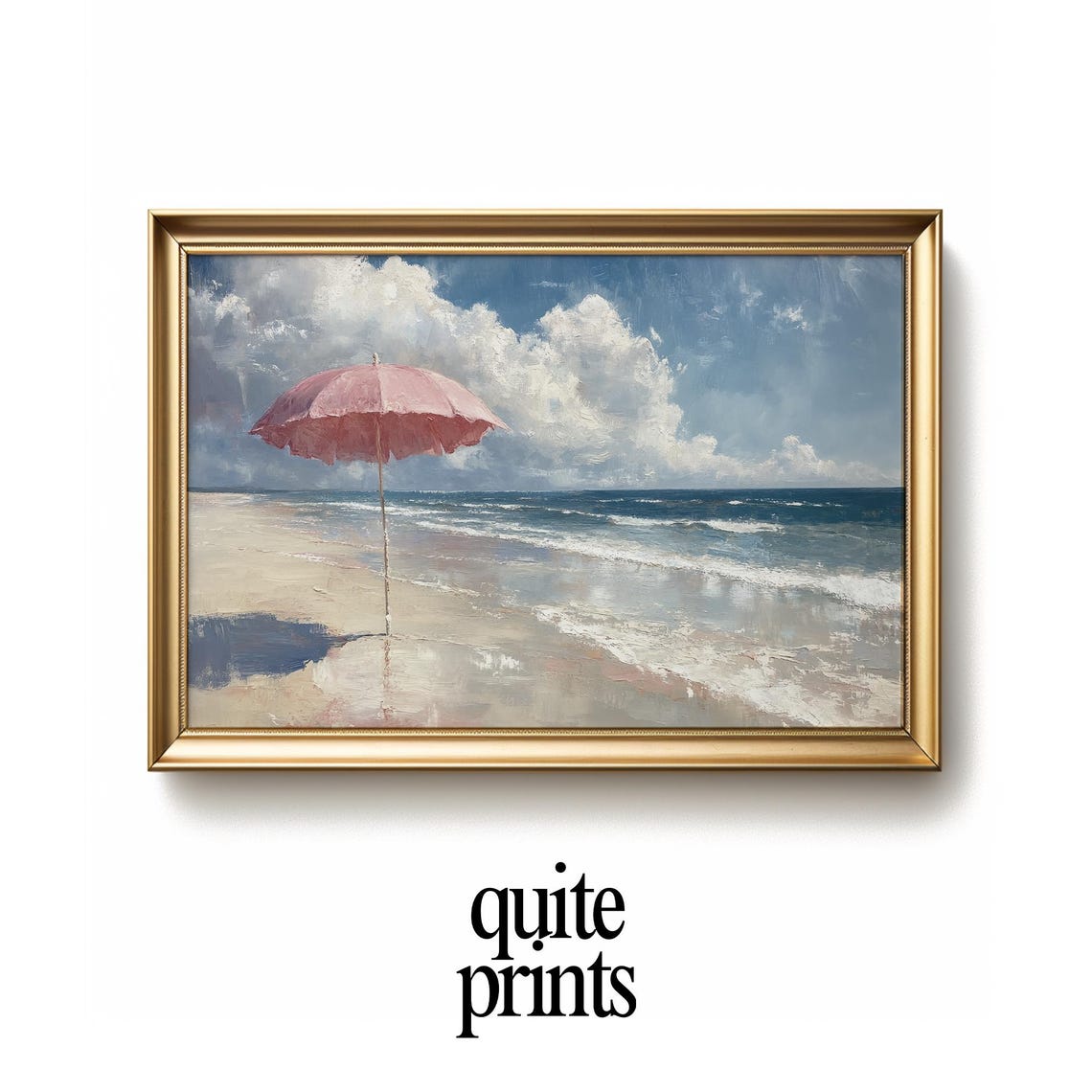Pink Beach Umbrella Sandy Beach Blue Sea Clouds Coastal Poster
