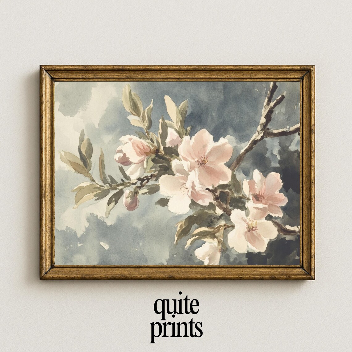 Blush Blossom Branch Still Life Watercolor Dark Background Spring Art Poster