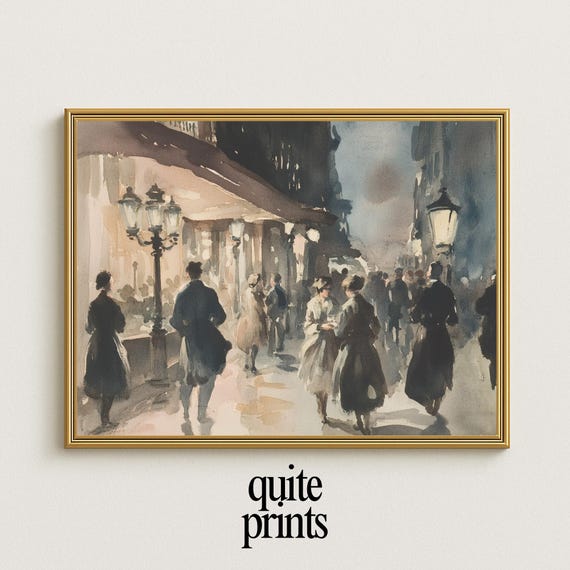 Vintage Paris Street Scene Wall Art Romantic European Night Print Neutral Watercolor Crowd Painting Moody Cafe Evening Decor