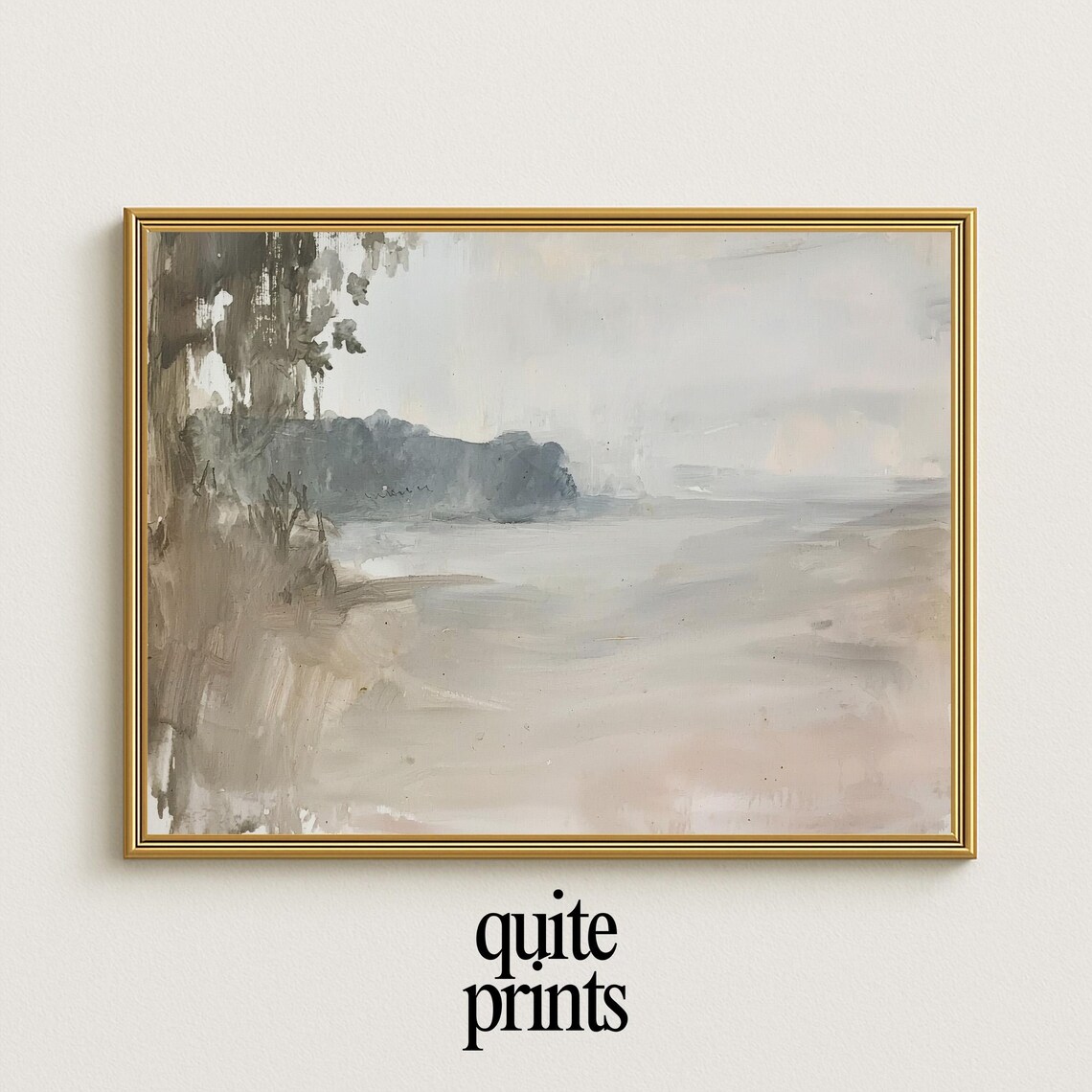 Misty Gray Coast Cliffs Calm Sea Minimalist Neutral Watercolor Seascape Poster
