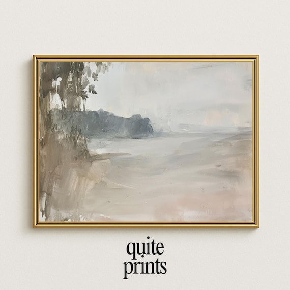 Misty Gray Coast Cliffs Calm Sea Minimalist Neutral Watercolor Seascape Poster
