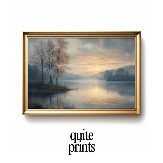 Midcentury Modern Lake Sunset Wall Art Tranquil Landscape Serene Painting Minimalist Nature Decor Poster