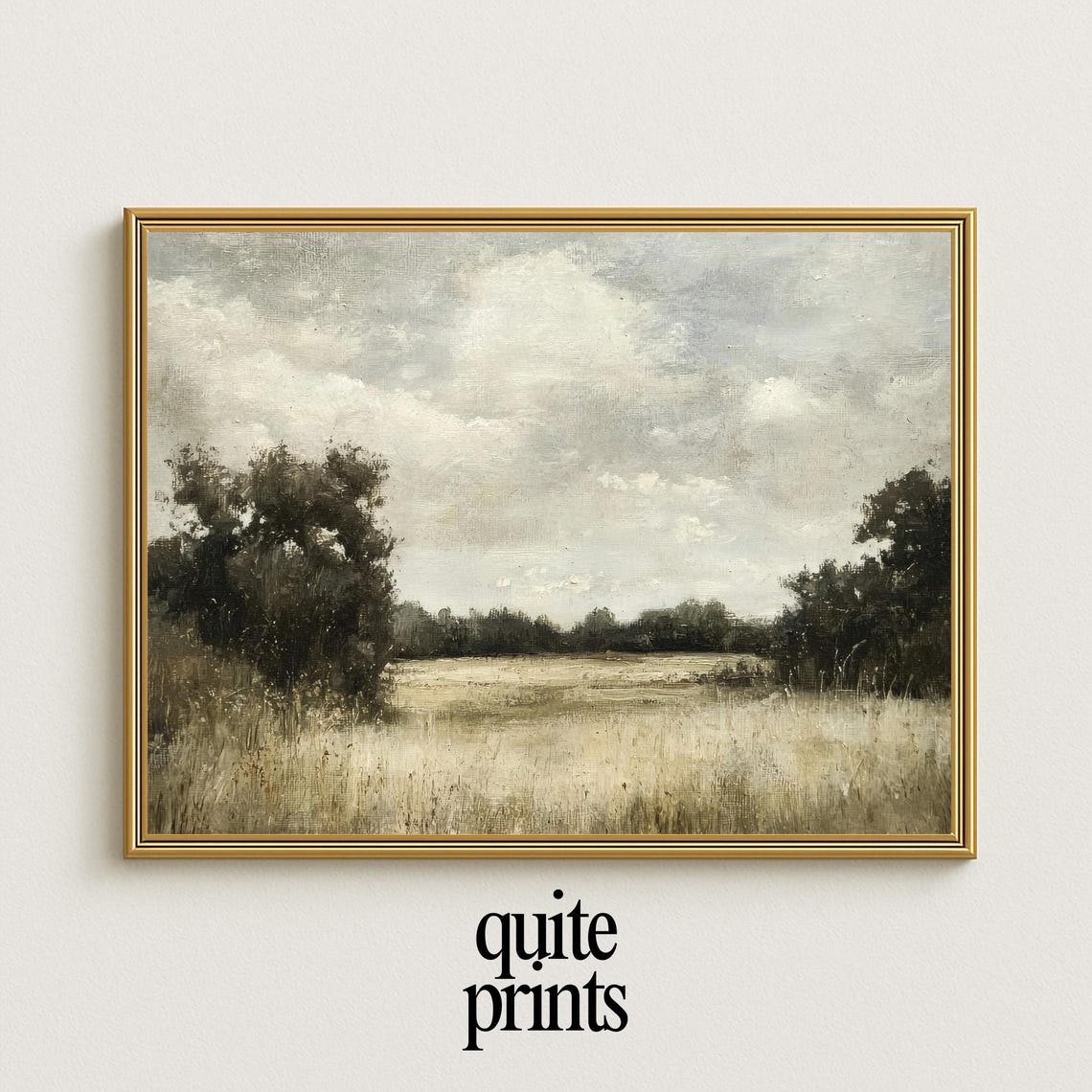 Golden Meadow Countryside Painting Trees Cloudy Sky Rustic Art Poster