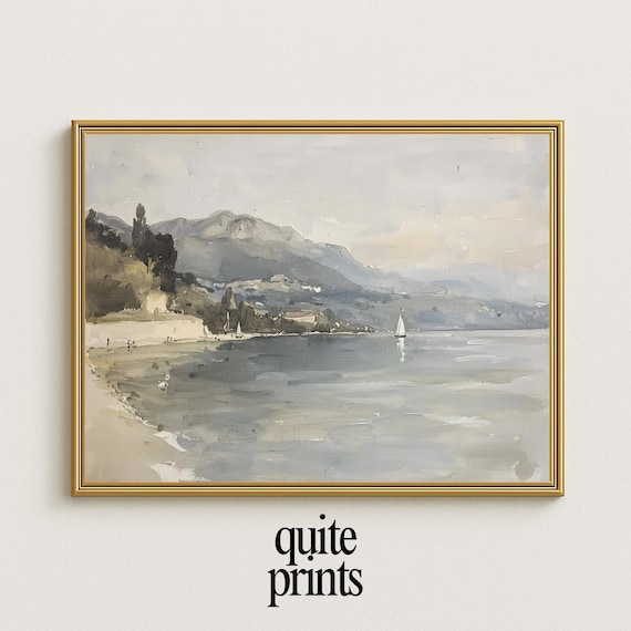 Mediterranean Coastal Bay Watercolor Mountains Sailboats Beach Poster