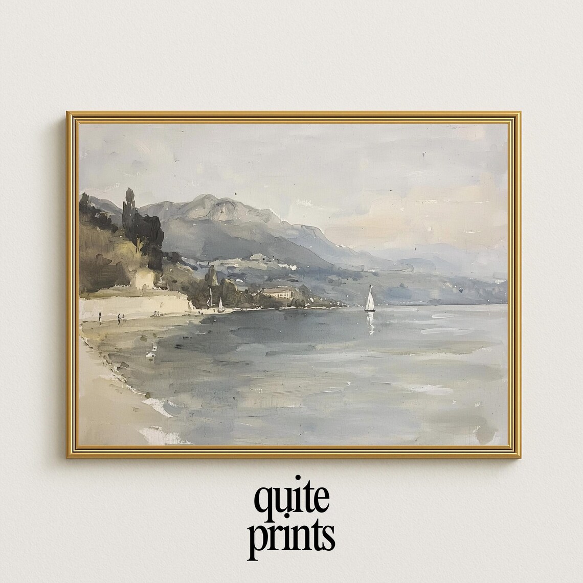 Mediterranean Coastal Bay Watercolor Mountains Sailboats Beach Poster
