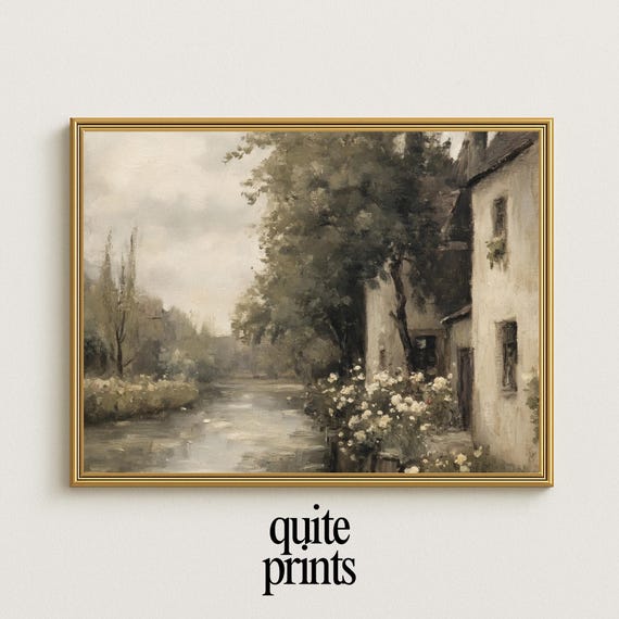 Rustic Cottage Landscape Painting Neutral River Wall Art Print Countryside For Cozy Farmhouse Or Minimalist Home Decor