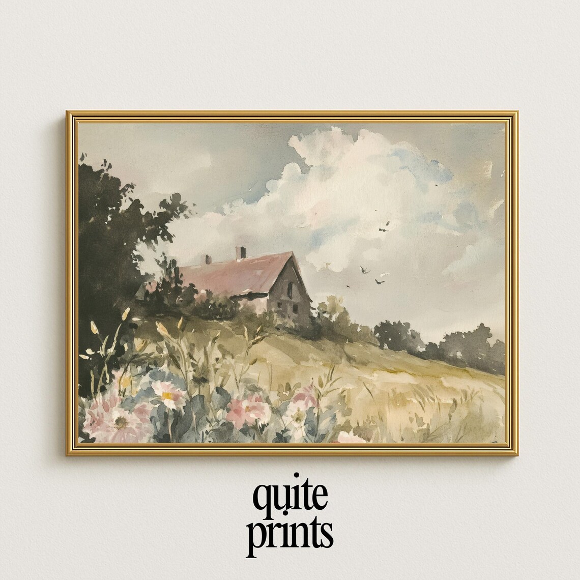 Farmhouse with Wildflowers Watercolor Country Summer Scene Poster
