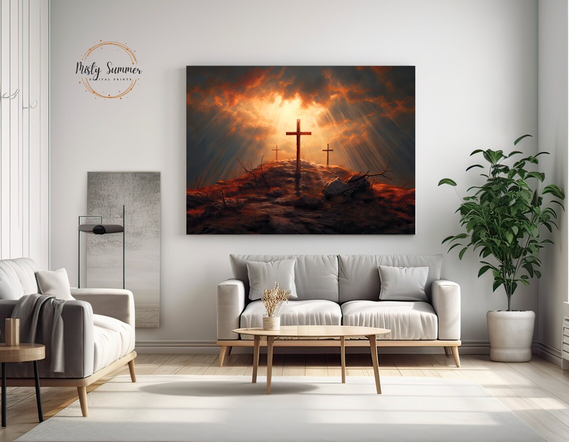 Three Crosses on Calvary Hill Dramatic Heavenly Light Christian Art Print - Image 4