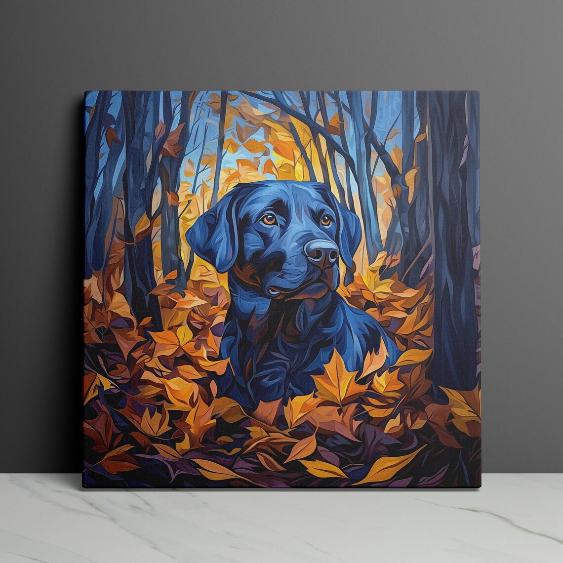 Black Labrador in Autumn Leaves Fall Painting Dog Art Poster - Image 3