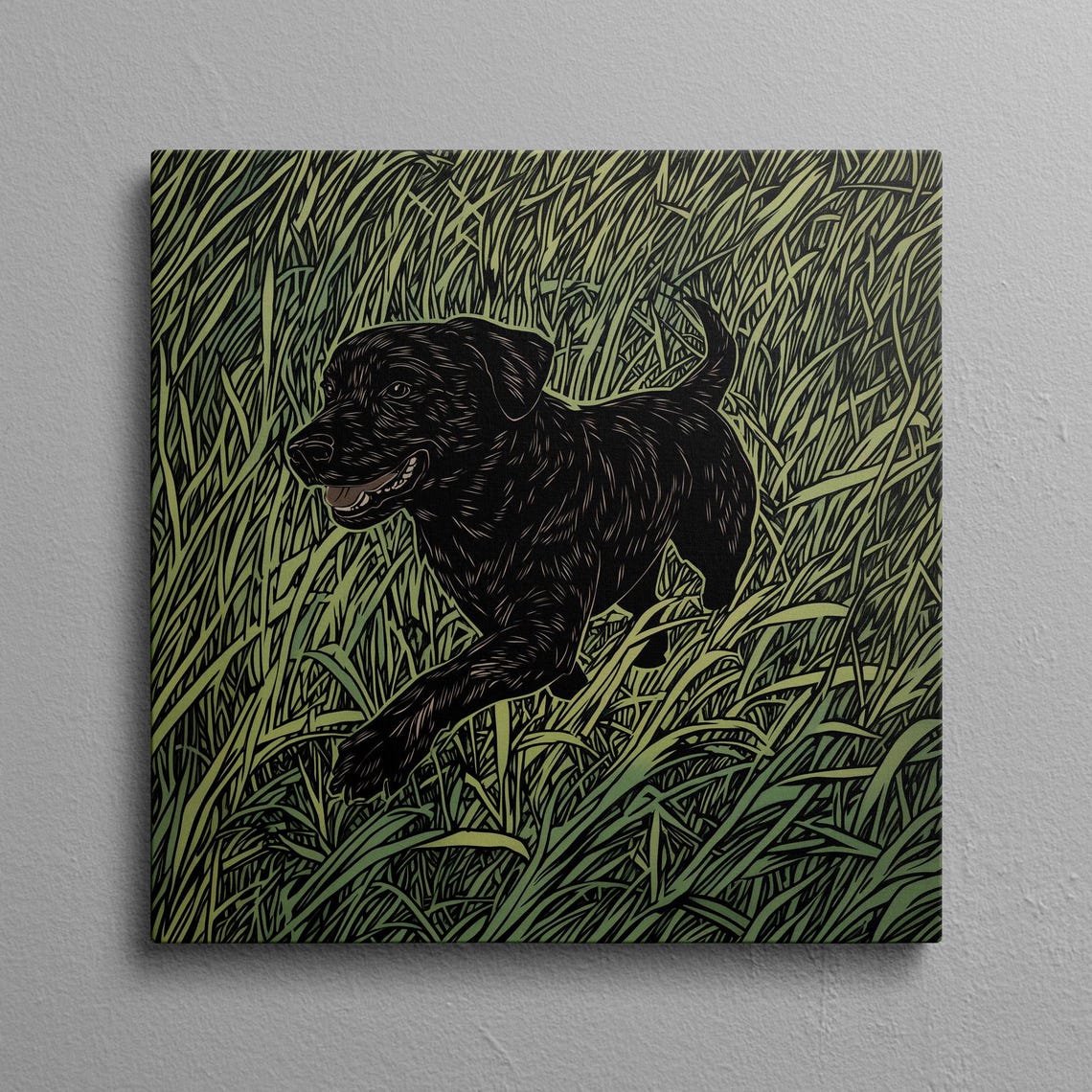 Black Lab Running Through Tall Green Grass Linocut Style Poster
