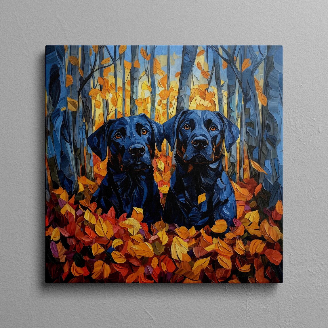 Two Black Labs In An Autumn Forest Full Of Colorful Leaves Poster