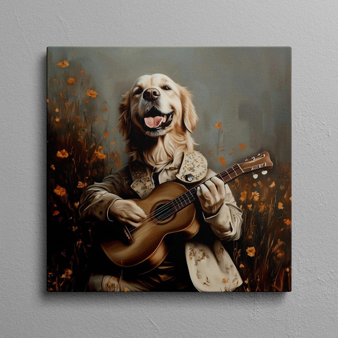 Golden Retriever Folk Singer Strumming Guitar In A Meadow Poster